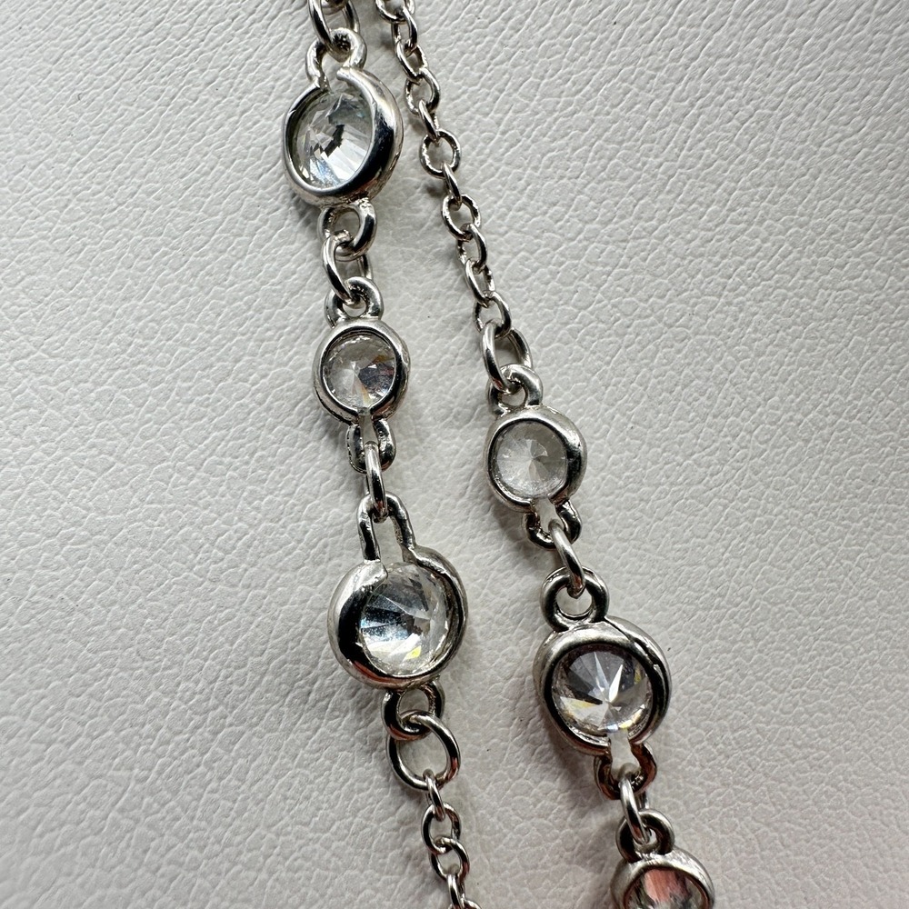 Necklace Silver Tone Double Strand Clear Rhinestone Bezel Set Statement Chain - Picture 5 of 9